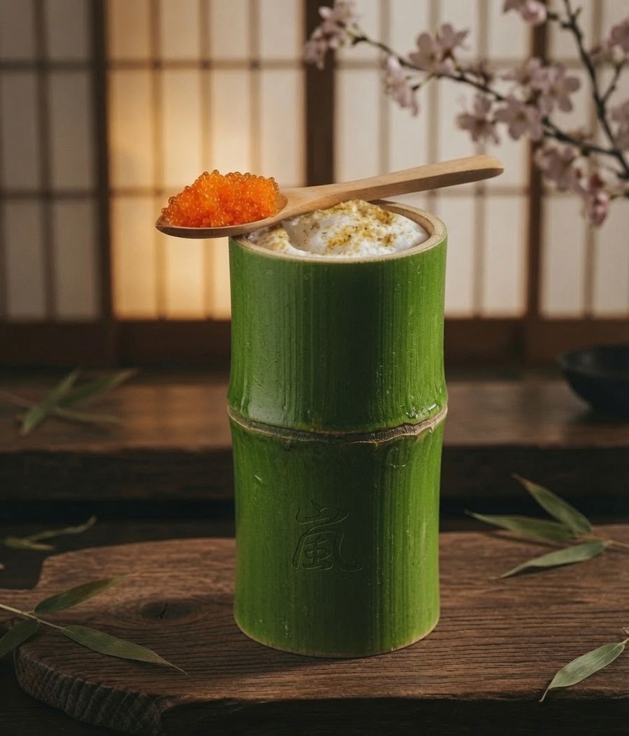 Arashi Spirit cocktail served in a bamboo cup topped with trout roe