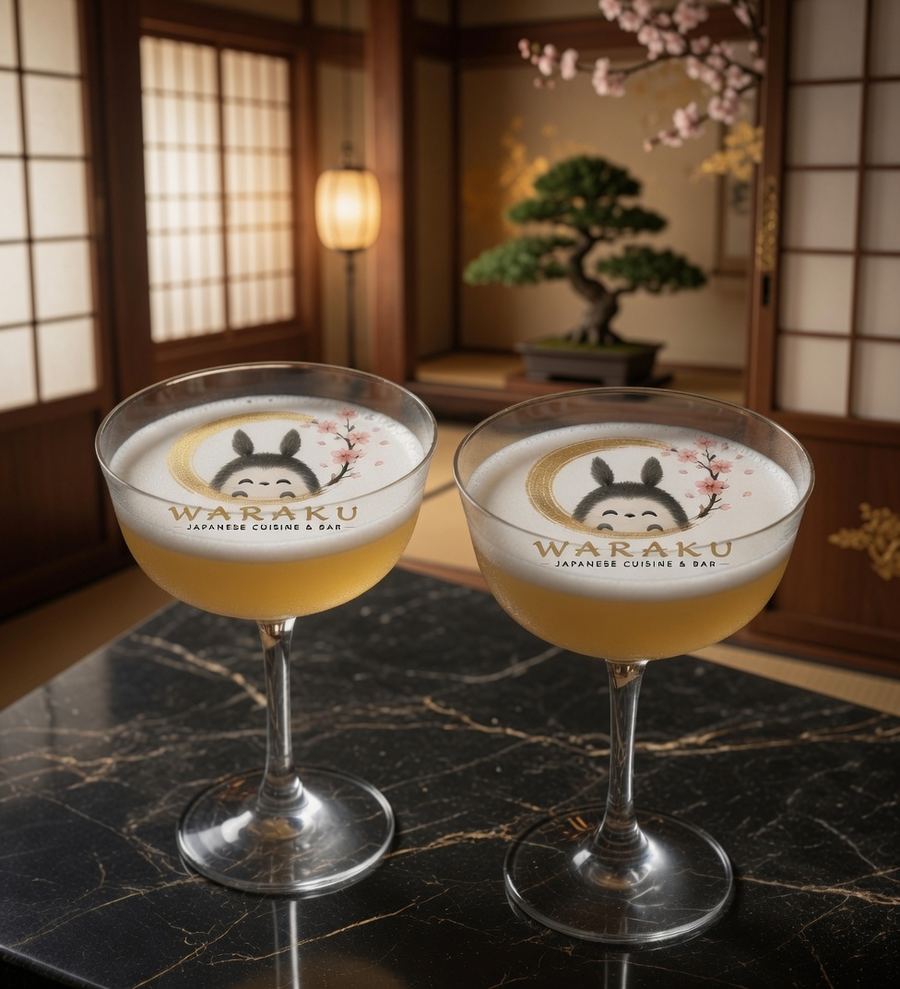 Two Waraku Spirit cocktails with the Waraku crest printed on the foam