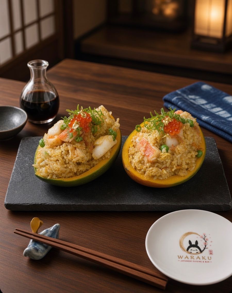 Fried rice served in halved pineapple and mango